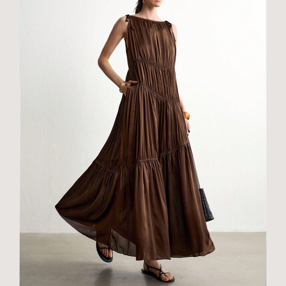 Chocolate Brown Tiered Cinched Maxi Dress with Shoulder Ties - Picture 5 of 9